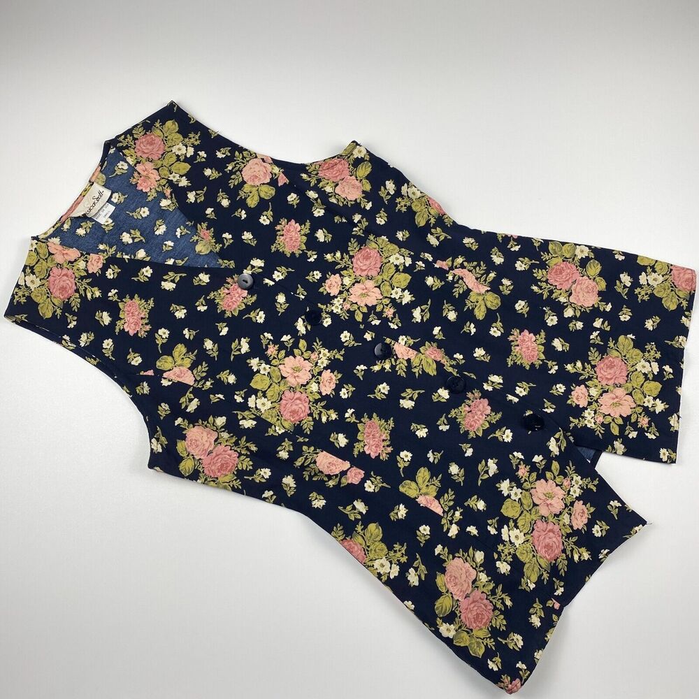 Jessica Scott VTG Floral Button Up Fitted Vest Tie Back Womens Small 90s Blue